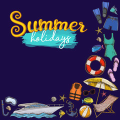 Set of beach summer holidays accessories, cartoon illustration. Vector