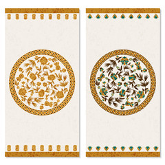 set with two cards with floral gold vintage ornament in a circle. design for print, covers, invitations