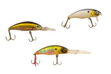 Fishing lures for predatory fish.  Lures on a white background.