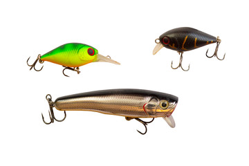 Fishing lures for predatory fish.  Lures on a white background.