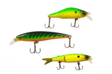 Fishing lures for predatory fish.  Lures on a white background.