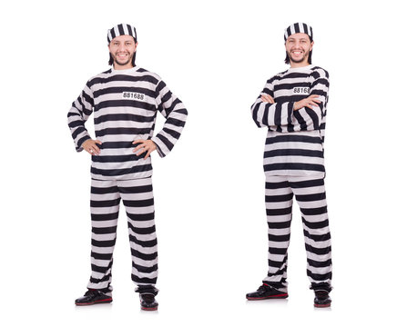 Convict criminal in striped uniform isolated on white