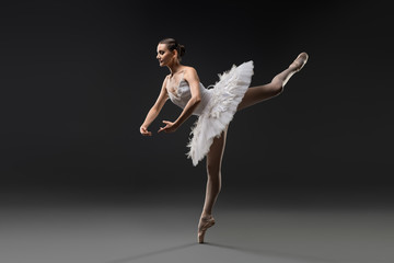 Beautiful ballerina in white tutu dancing view