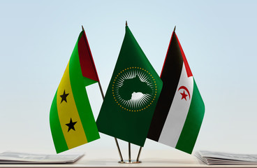 Flags of Sao Tome and Principe African Union and Sahrawi Arab Democratic Republic