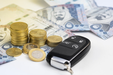 Saudi riyal coins and key of car, expresses the car insurance,finance and buying car.