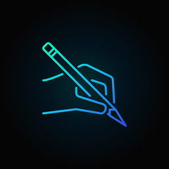 Hand with a pencil blue vector icon or logo