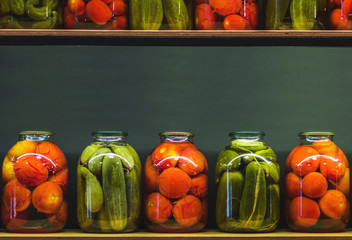 pickles in a glass jars. Photo with copy space