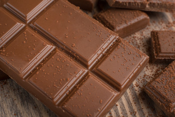 Milk chocolate with cocoa powder. On a wooden texture. Macro