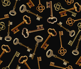 Embroidery keys seamless pattern. Template fashionable clothes, t-shirt design. Golden vintage keys pattern