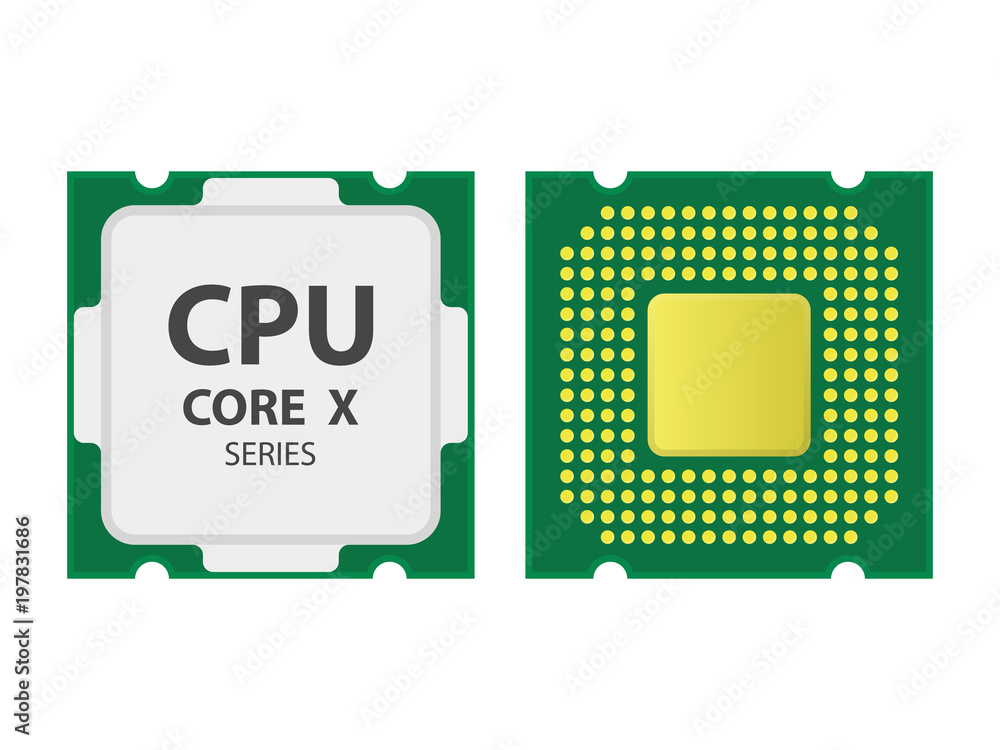 Poster processor icons of front and back sides. modern multi core cpu. vector illustration