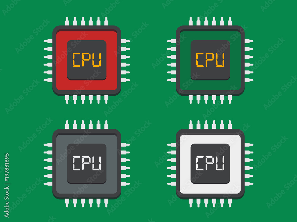 Poster processor icons of front and back sides. modern multi core cpu. vector illustration
