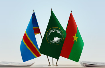 Flags of Democratic Republic of the Congo (DRC, DROC, Congo-Kinshasa) African Union and Burkina Faso
