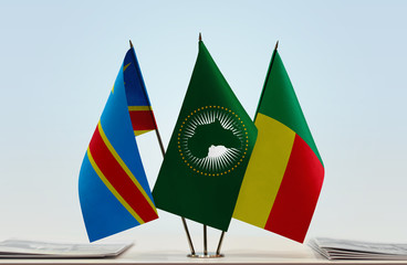 Flags of Democratic Republic of the Congo (DRC, DROC, Congo-Kinshasa) African Union and Benin