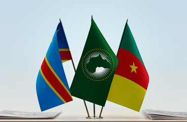 Flags of Democratic Republic of the Congo (DRC, DROC, Congo-Kinshasa) African Union and Cameroon