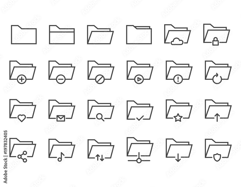 Poster set of folders related vector line icons. contains such icons as repository, sync, network folder an