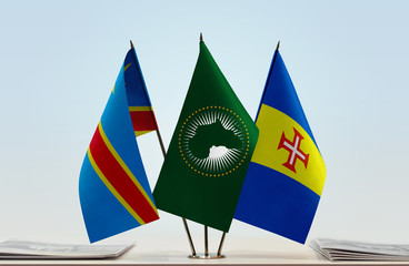 Flags of Democratic Republic of the Congo (DRC, DROC, Congo-Kinshasa) African Union and Madeira