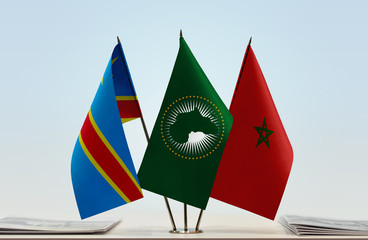 Flags of Democratic Republic of the Congo (DRC, DROC, Congo-Kinshasa) African Union and Morocco