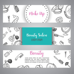Naklejka premium Makeup business banner Cosmetics items. Advert for shop, beauty salon, flyer design, web template. Vector illustration