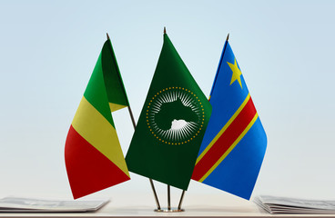 Flags of Republic of the Congo African Union and Democratic Republic of the Congo (DRC, DROC,...