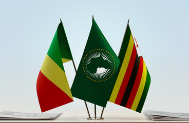 Flags of Republic of the Congo African Union and Zimbabwe