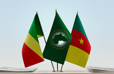 Flags of Republic of the Congo African Union and Cameroon