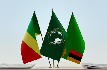 Flags of Republic of the Congo African Union and Zambia