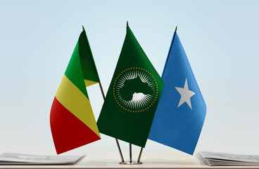 Flags of Republic of the Congo African Union and Somalia