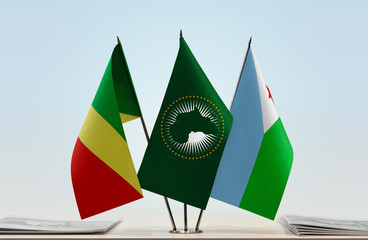 Flags of Republic of the Congo African Union and Djibouti
