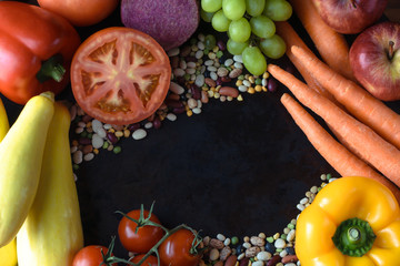 Organic vegetable background; rustic background with copy space; healthy eating