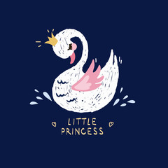 Cute little princess swan on dark background. Cartoon hand drawn vector illustration. Can be used for fashion print design, kids wear, greeting and invitation card.