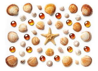 Pattern made of shells, starfish and orange glass beads isolated on white background