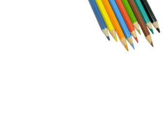 Color pencils on white background, close up wooden colored pencils isolated with copy space for text.