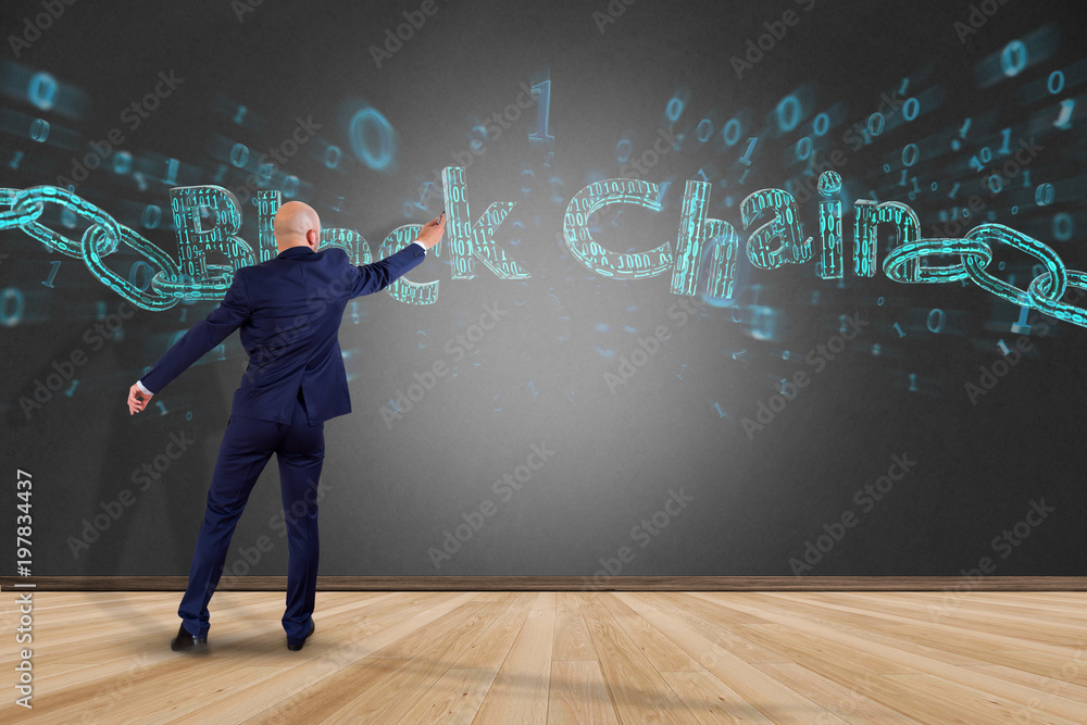 Poster businessman in front of a wall with blockchain title with a chain made of data number - 3d render
