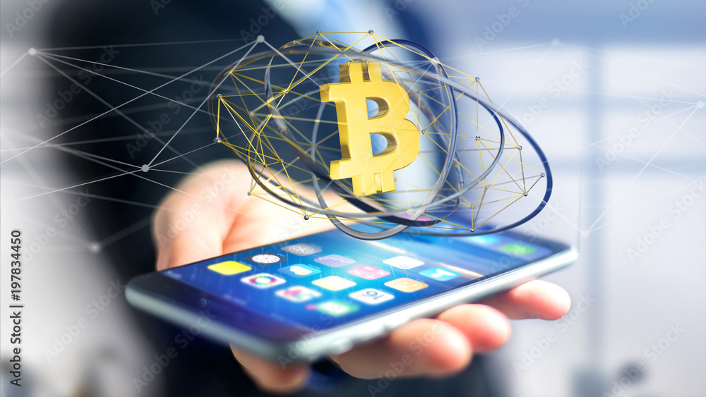 Poster businessman using a smartphone with a bitcoin crypto currency sign flying around a network connectio