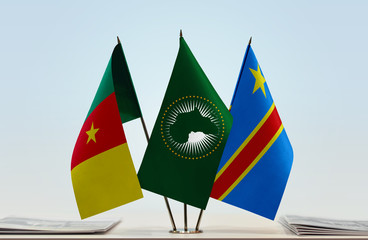 Flags of Cameroon African Union and Democratic Republic of the Congo (DRC, DROC, Congo-Kinshasa)