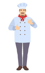 Self promotion. Chef showing thumb up and pointing the finger at yourself