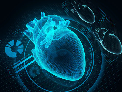 The Human Heart Diagnostic Through Artificial Inteligence Technology. Sci-fi Medicine. 3d Illustration.