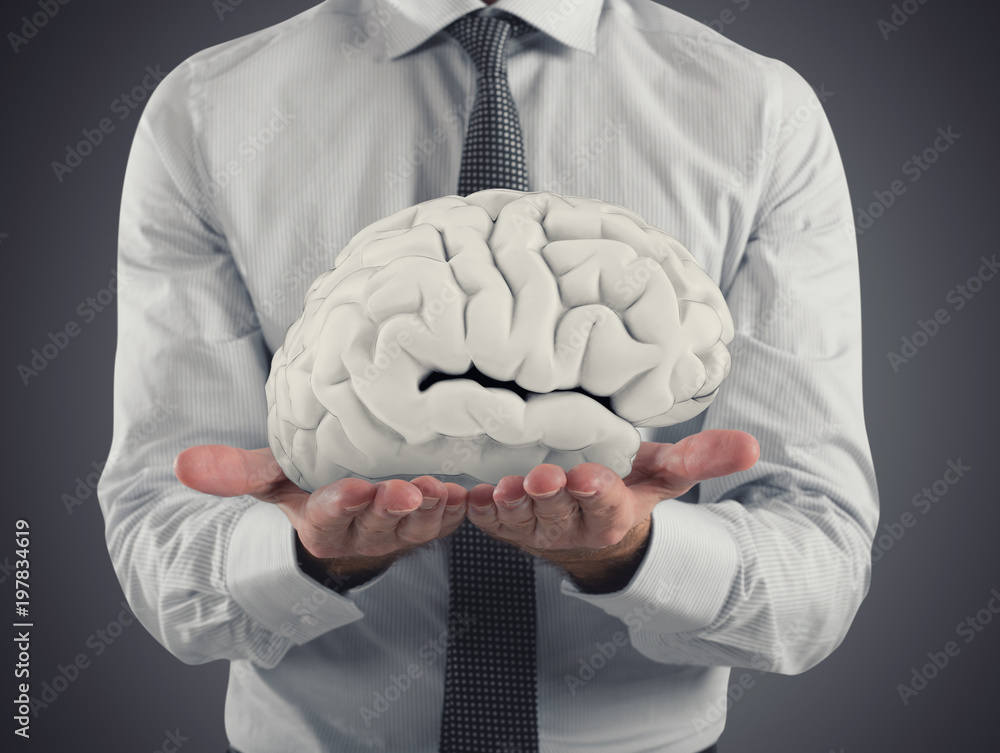 Poster man protects a brain with his hands. 3d rendering