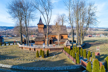 Debno, Poland. Medieval wooden Gothic church of the Saint Archangel Michael, built in 15th century,...