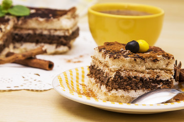 delicious portion of tiramisu with candies