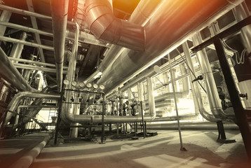 Industrial zone, Steel pipelines and cables in blue tones