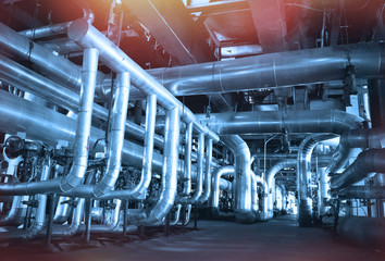 Industrial zone, Steel pipelines and cables in blue tones