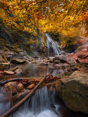 Vertical Amazing Landscape With Waterfall Among The Colorful Autumn Forest. Autumn Forest Landscape With Beautiful Cold Creek. Enchanted Autumn Forest With Falling Leaves On  Ground And Cold Stream