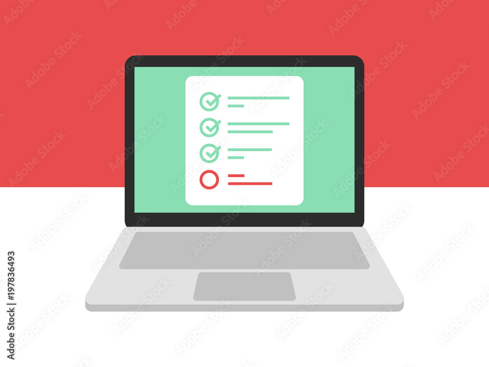 Fototapete laptop and checkboxes with check mark. checklist, white tick on laptop screen. choice, survey concep