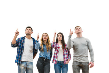 The four people gesture on the white background