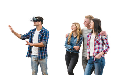 The four happy friends play with virtual reality glasses on a white background