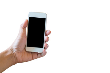 white mobile on asian woman left hand isolate on white background with clipping path