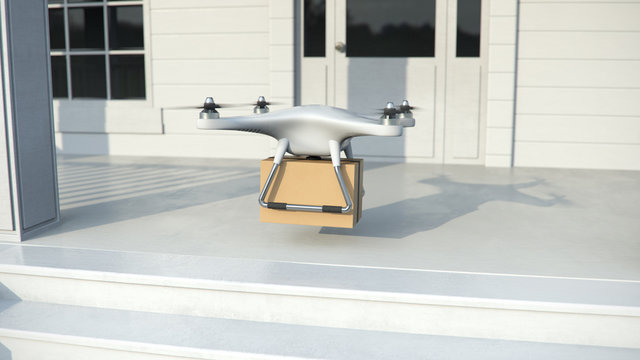 Drone Quadrocopter delivers a package on cityscape background. Autonomous drone delivery. 3D illustration