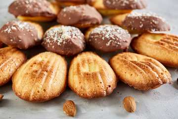 Tasty almond cookies arranged on white background, close-up, selective focus