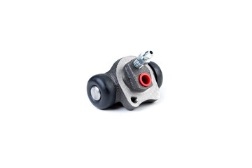 Brake cylinder, drum brake system on white background. Auto parts brake systems of drum type.
